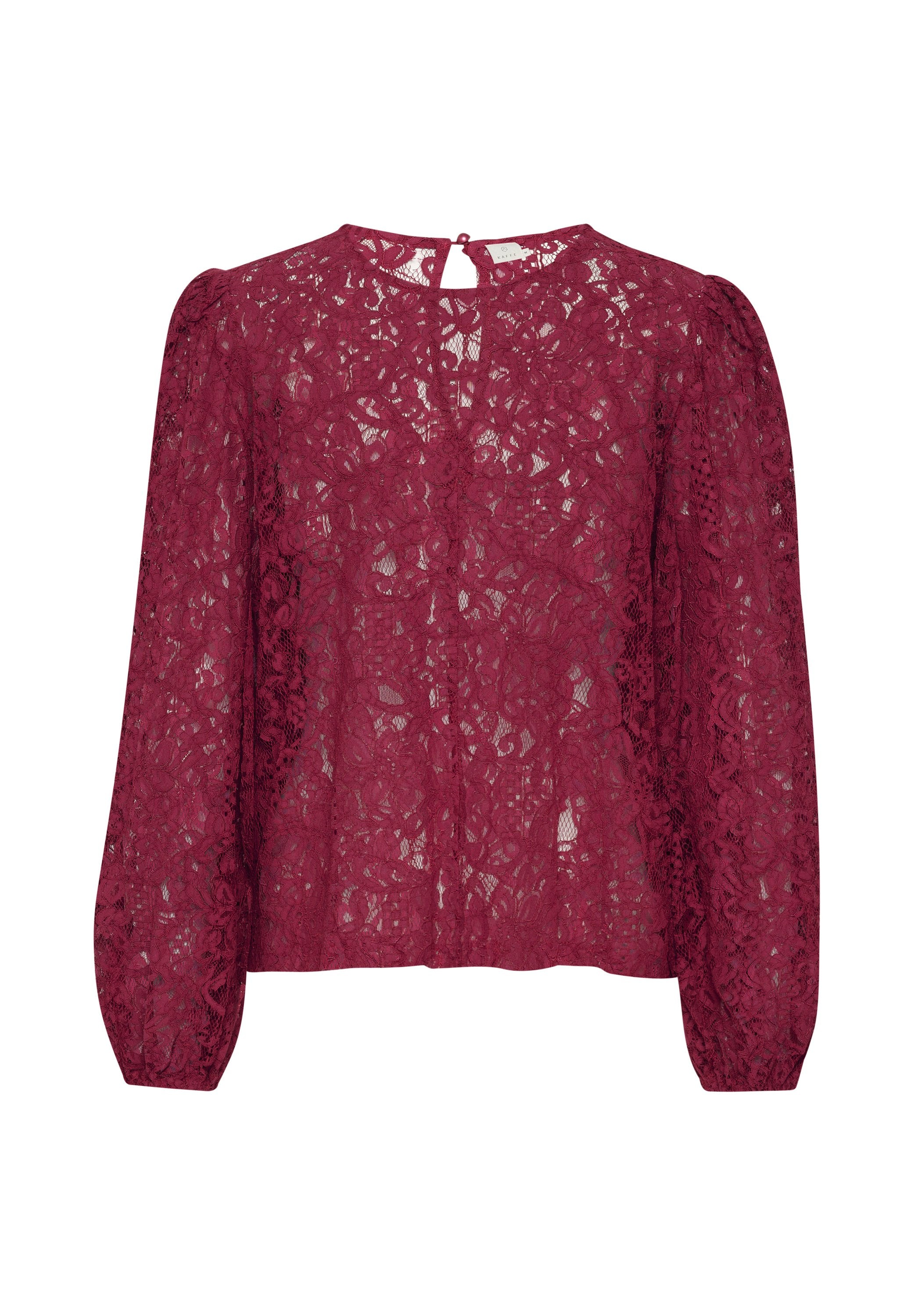 Burgunderfarbene Spitzenbluse mit langen Puffärmeln, hohem Kragen und Knopfverschluss auf der Rückseite. Verfügt über florale Muster und eine transparente Textur.