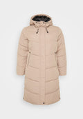 Beige gefütterter Wintermantel mit schwarzem Innenfutter, Kordelzugkapuze und seitlichen Reißverschlusstaschen. Verfügt über einen knielangen Schnitt und Druckknopfverschlüsse.