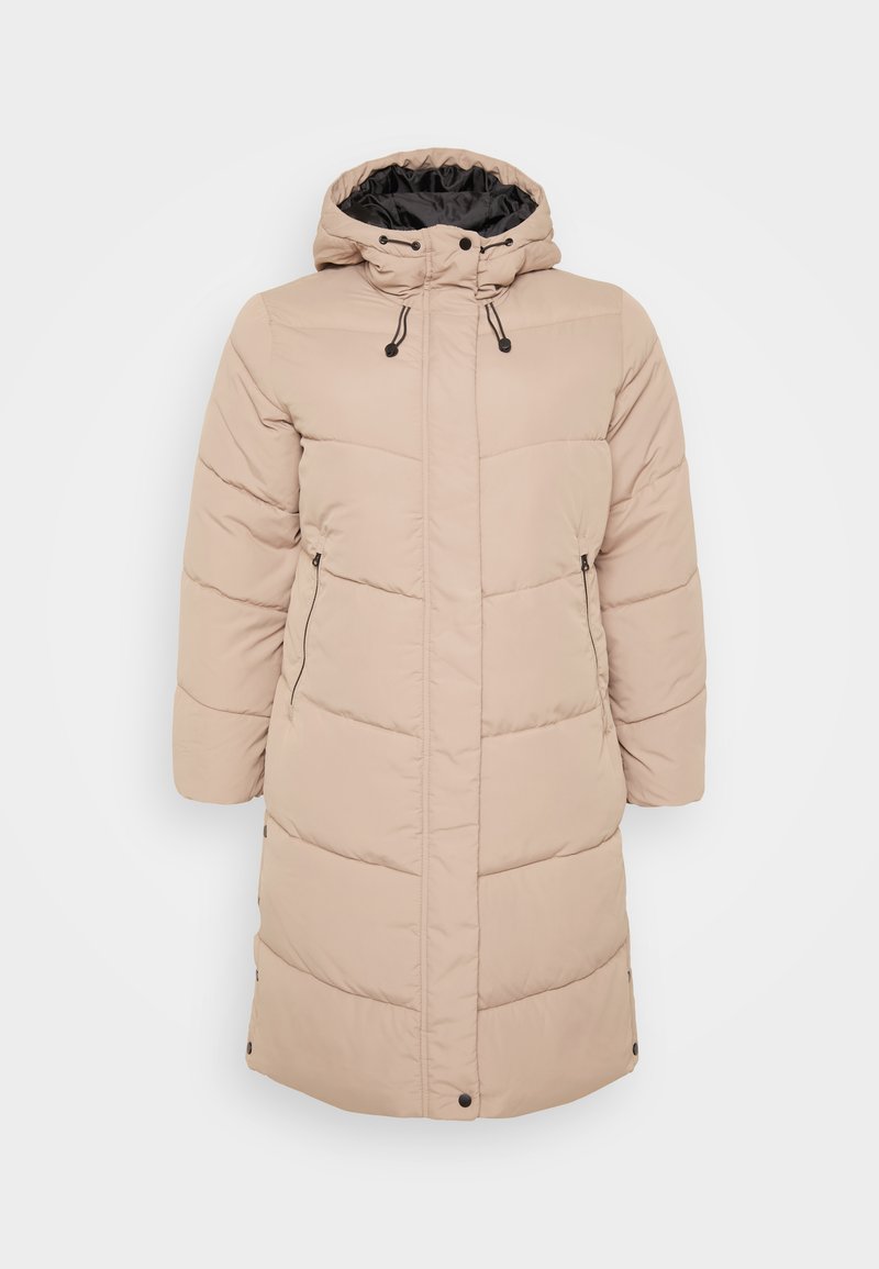 Beige gefütterter Wintermantel mit schwarzem Innenfutter, Kordelzugkapuze und seitlichen Reißverschlusstaschen. Verfügt über einen knielangen Schnitt und Druckknopfverschlüsse.
