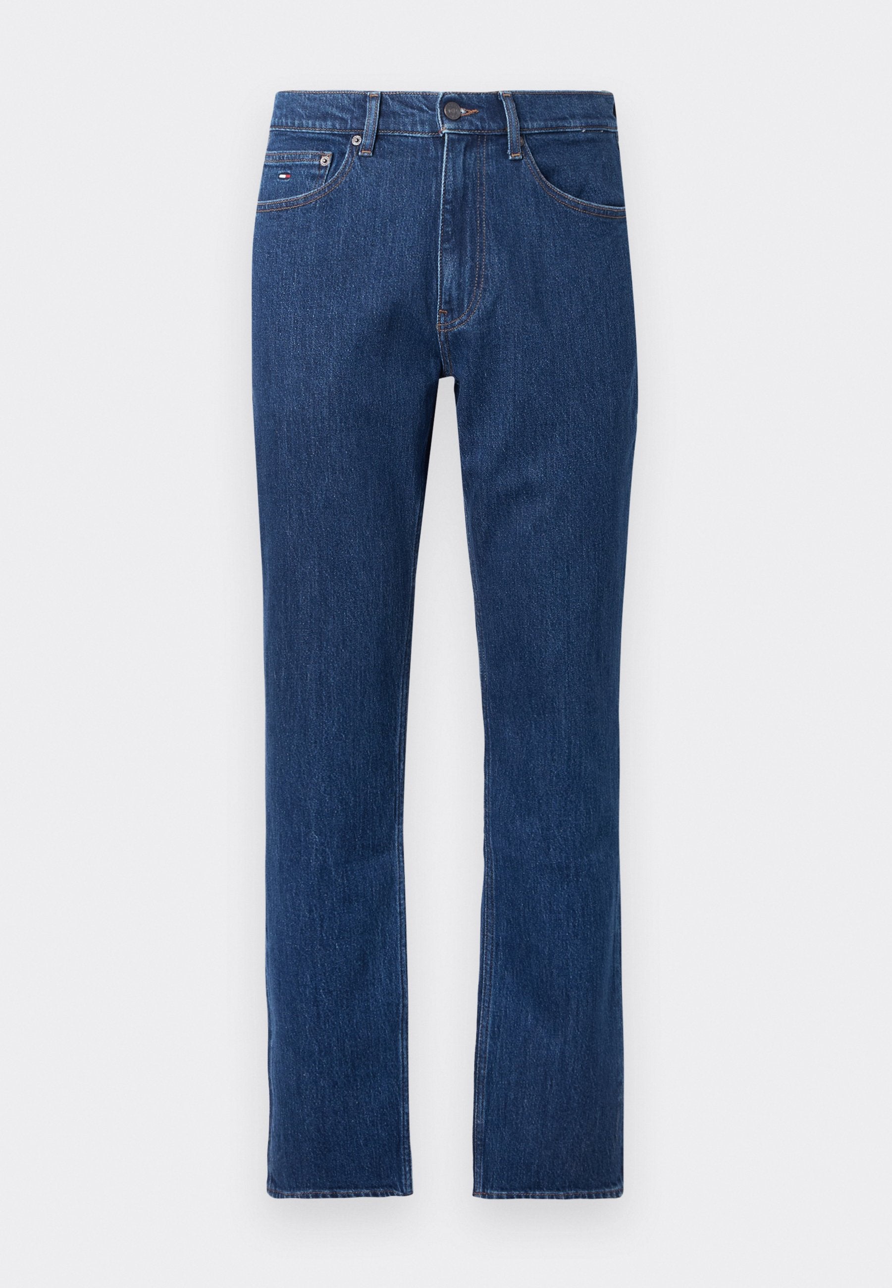 Dunkelblaue Jeans aus Denim mit gerade geschnittenem Bein, vorderen Taschen und Ziernähten. Standardbund mit Knopfverschluss. Keine Verzierungen.