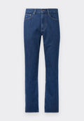 Dunkelblaue Jeans aus Denim mit gerade geschnittenem Bein, vorderen Taschen und Ziernähten. Standardbund mit Knopfverschluss. Keine Verzierungen.