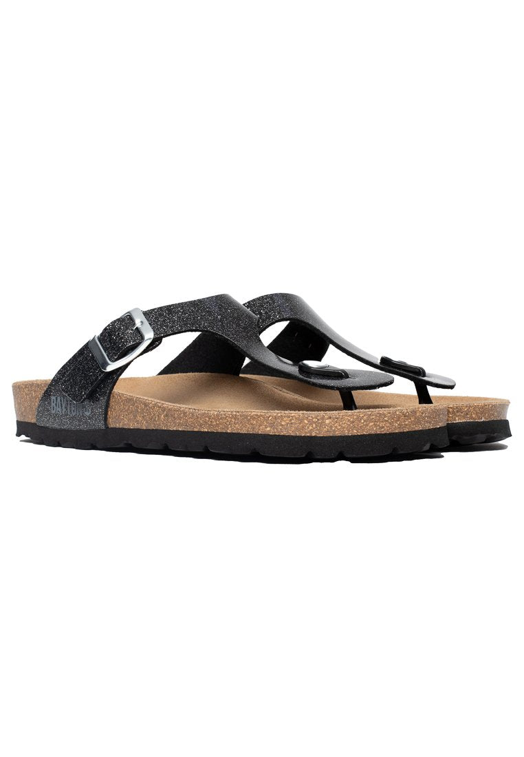 Schwarze Glitzer-Flip-Flops mit verstellbaren Schnallen, Korkfußbetten und schwarzen Gummiaußensohlen.