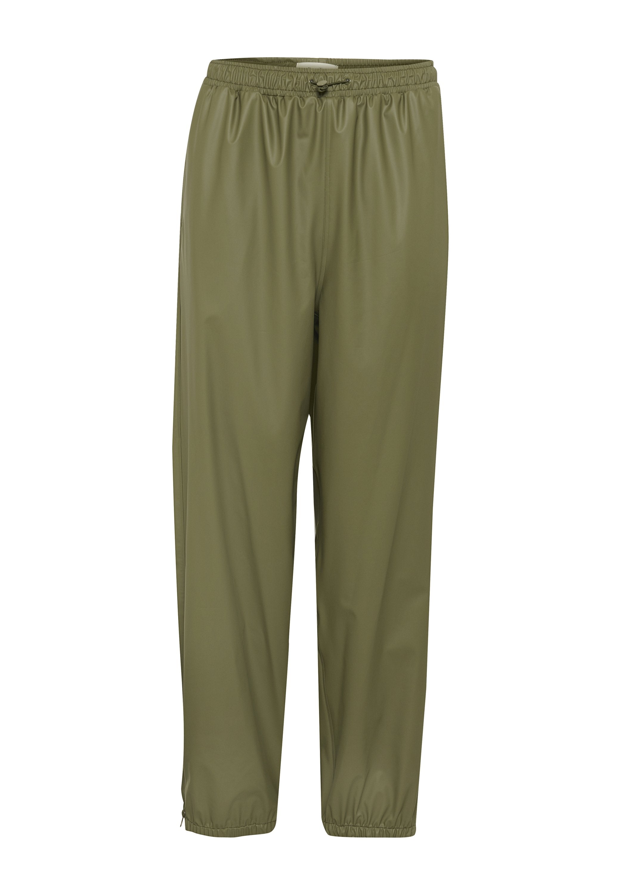 Olivengrüne, leichte Hose mit elastischem Bund, Kordelzug und tapered Knöcheln. Glatte Textur mit glänzendem Finish.