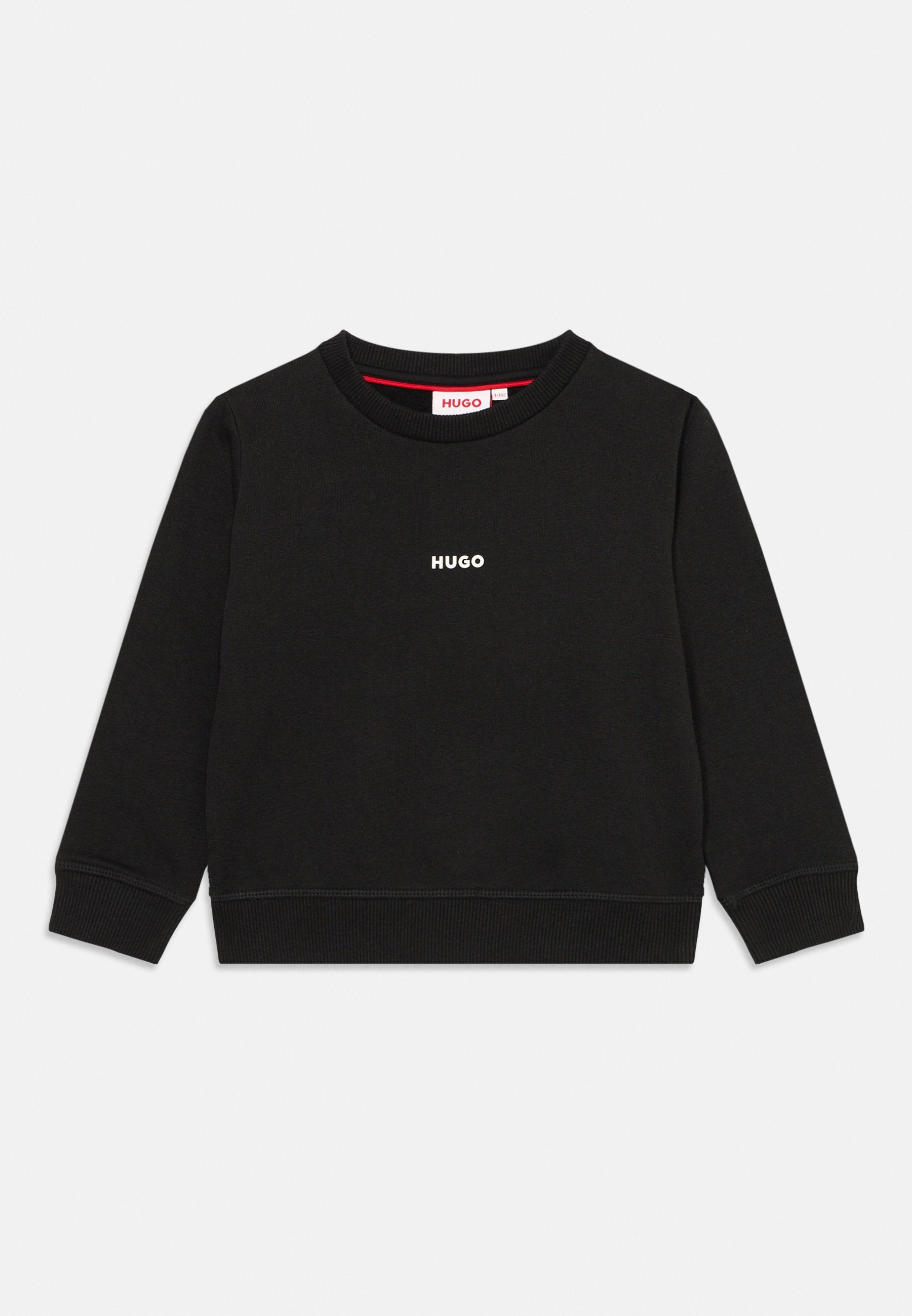 Schwarzer Sweatshirt aus Baumwolle, mit Rundhalsausschnitt und langen Ärmeln. Auf der Vorderseite befindet sich ein weißes "HUGO"-Logo. Mit gerippten Bündchen und Saum.