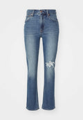 Blaue Denim-Jeans mit ausgestelltem Saum, hoher Taille, leichten Abnutzungen am linken Knie und traditionellem Fünf-Taschen-Design.