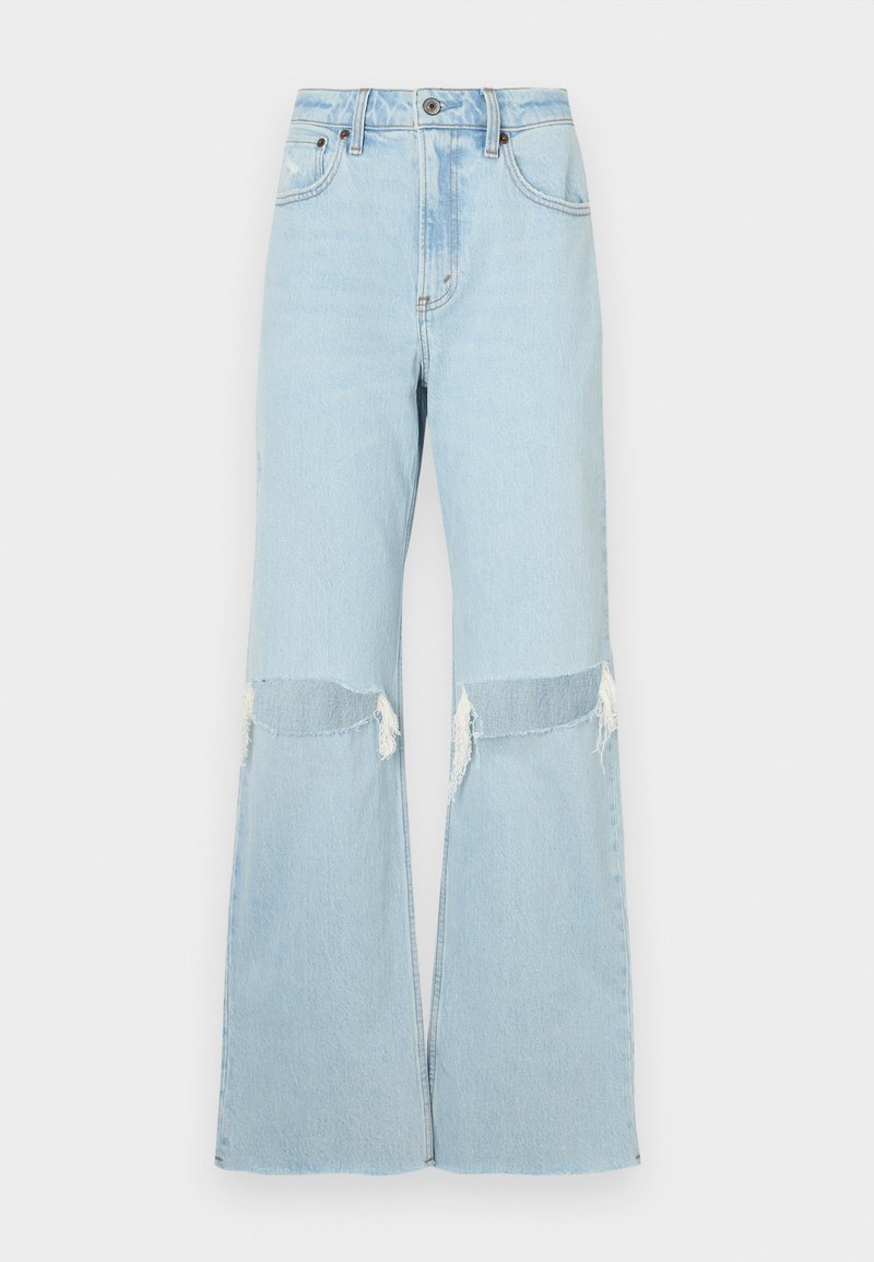 Helle blaue Denim-Jeans mit weitem Bein, Knie-Ausschnitten, ausgefransten Säumen und hoher Taille. Verfügt über einen Frontverschluss mit Knopf und Reißverschluss sowie klassischem Fünf-Taschen-Design.