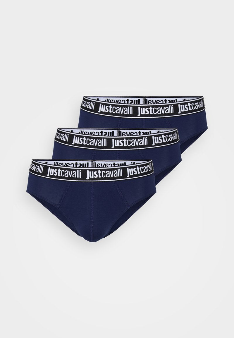 Marineblaue Slips mit einem schwarz-weißen elastischen Bund mit Markenlogo. Weicher Stoff mit glatter Textur und einer engen Passform.