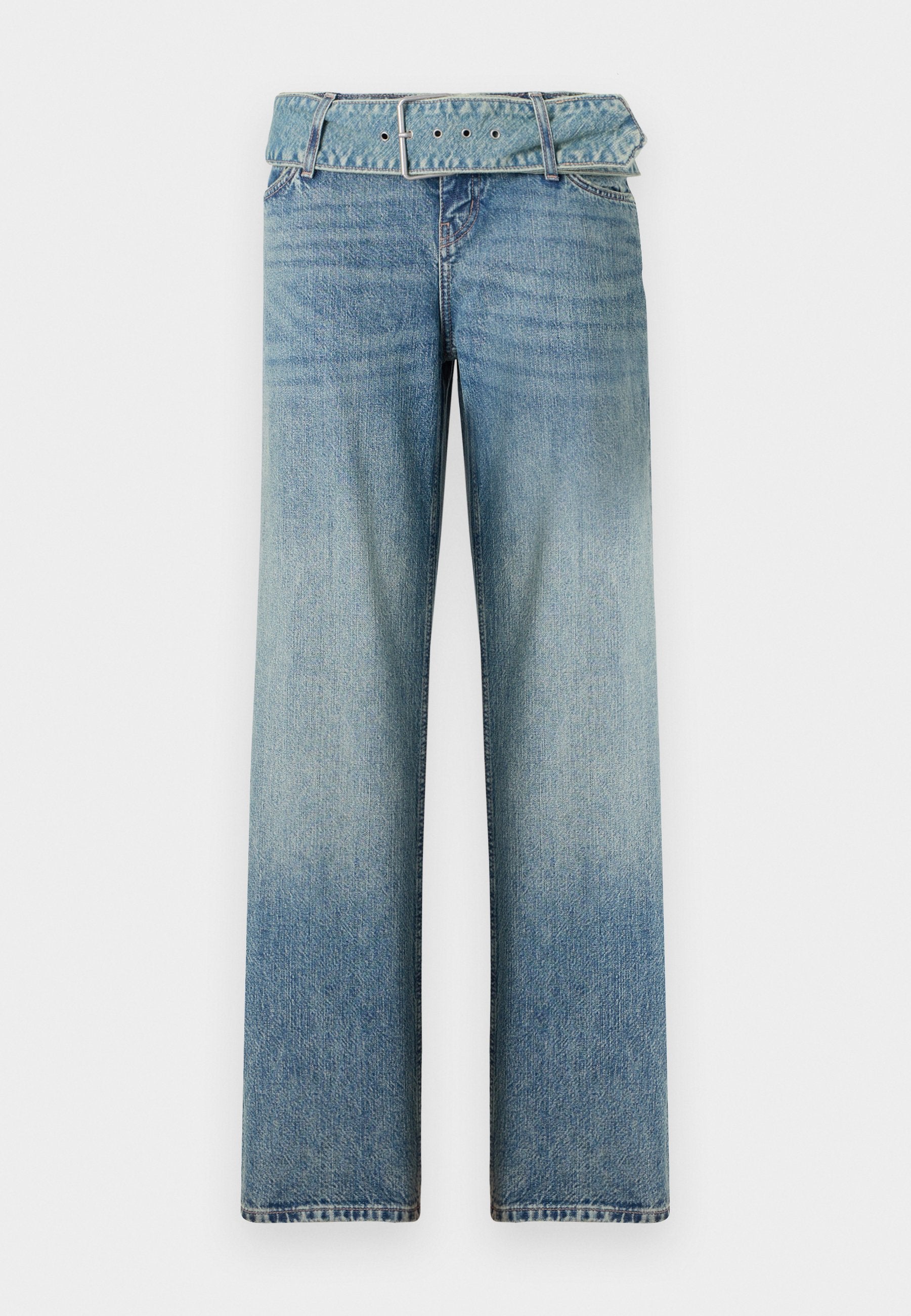 Helleblaue Jeans mit weitem Bein, ausgestattet mit einem passenden, gürtelschnallengeschlossenen Bund und einem allmählichen Verlauf von dunkel zu hell.