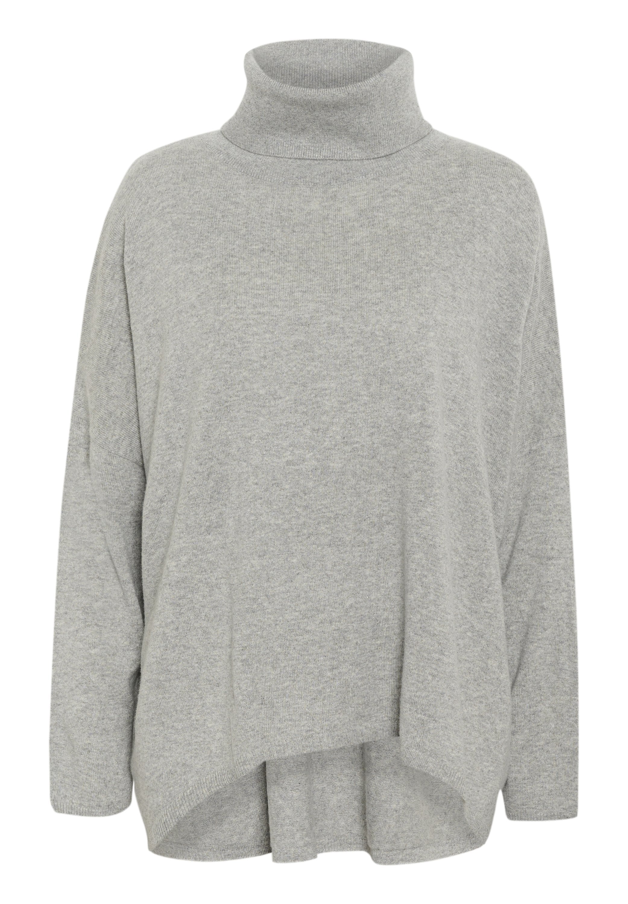 Hellgrauer Pullover mit hohem Rollkragen, lockerer Passform und langen Ärmeln. Weiche Textur mit abgerundetem Saum, der hinten leicht verlängert ist.