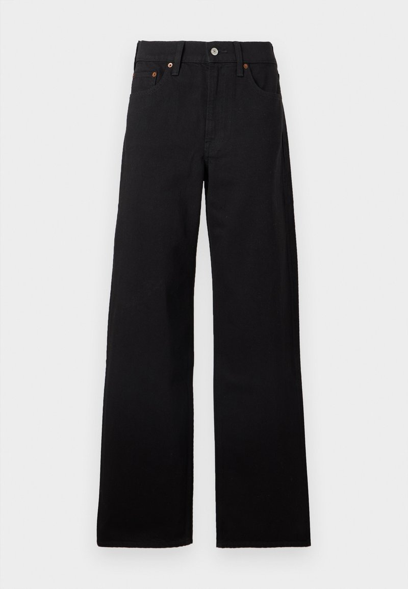 Schwarze, hoch taillierte Jeans mit weitem Bein, Frontknopf und Reißverschluss, Gürtelschlaufen und Fünf-Taschen-Design vor einem einfarbigen Hintergrund.
