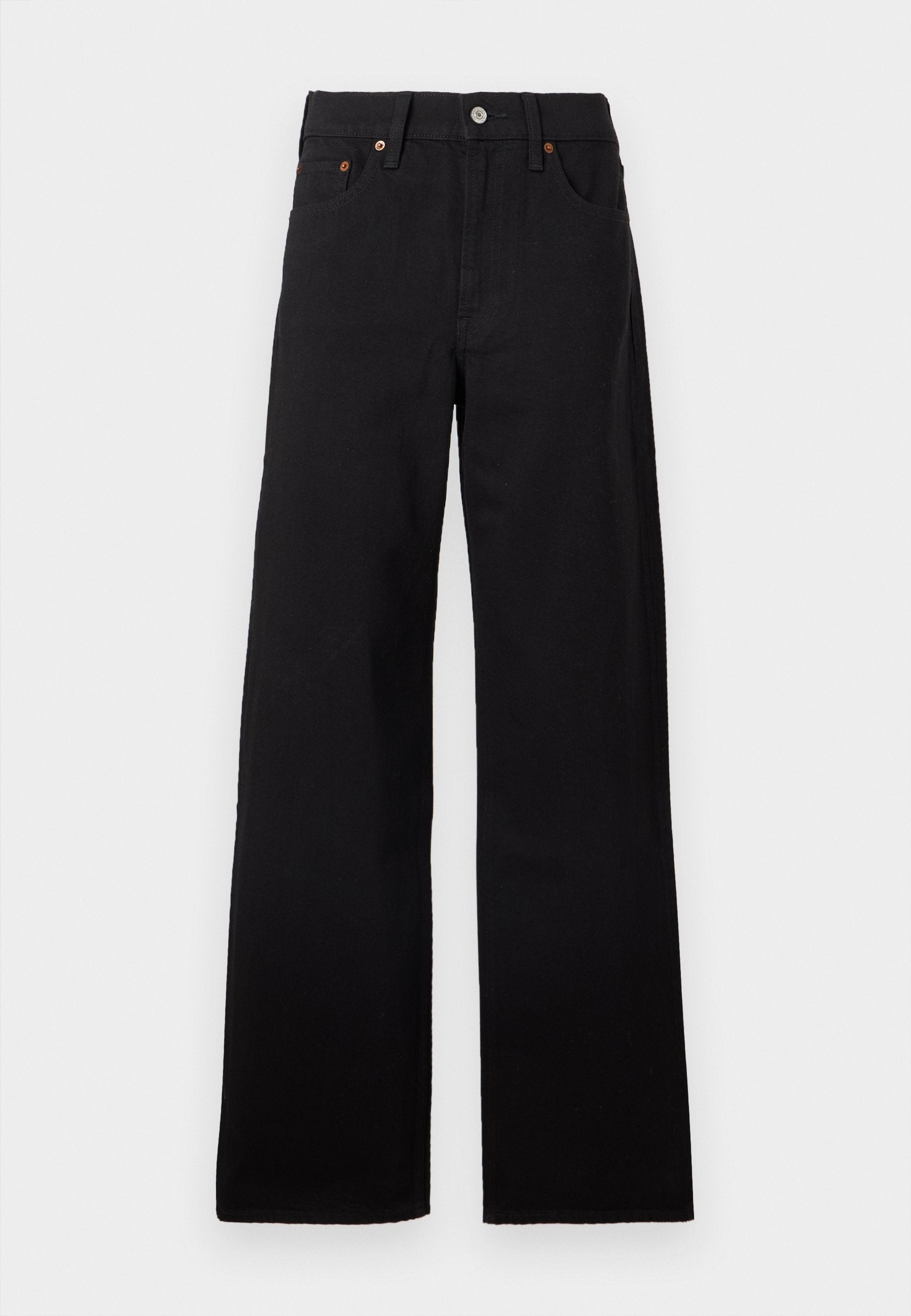 Schwarze, hoch taillierte Jeans mit weitem Bein, Frontknopf und Reißverschluss, Gürtelschlaufen und Fünf-Taschen-Design vor einem einfarbigen Hintergrund.
