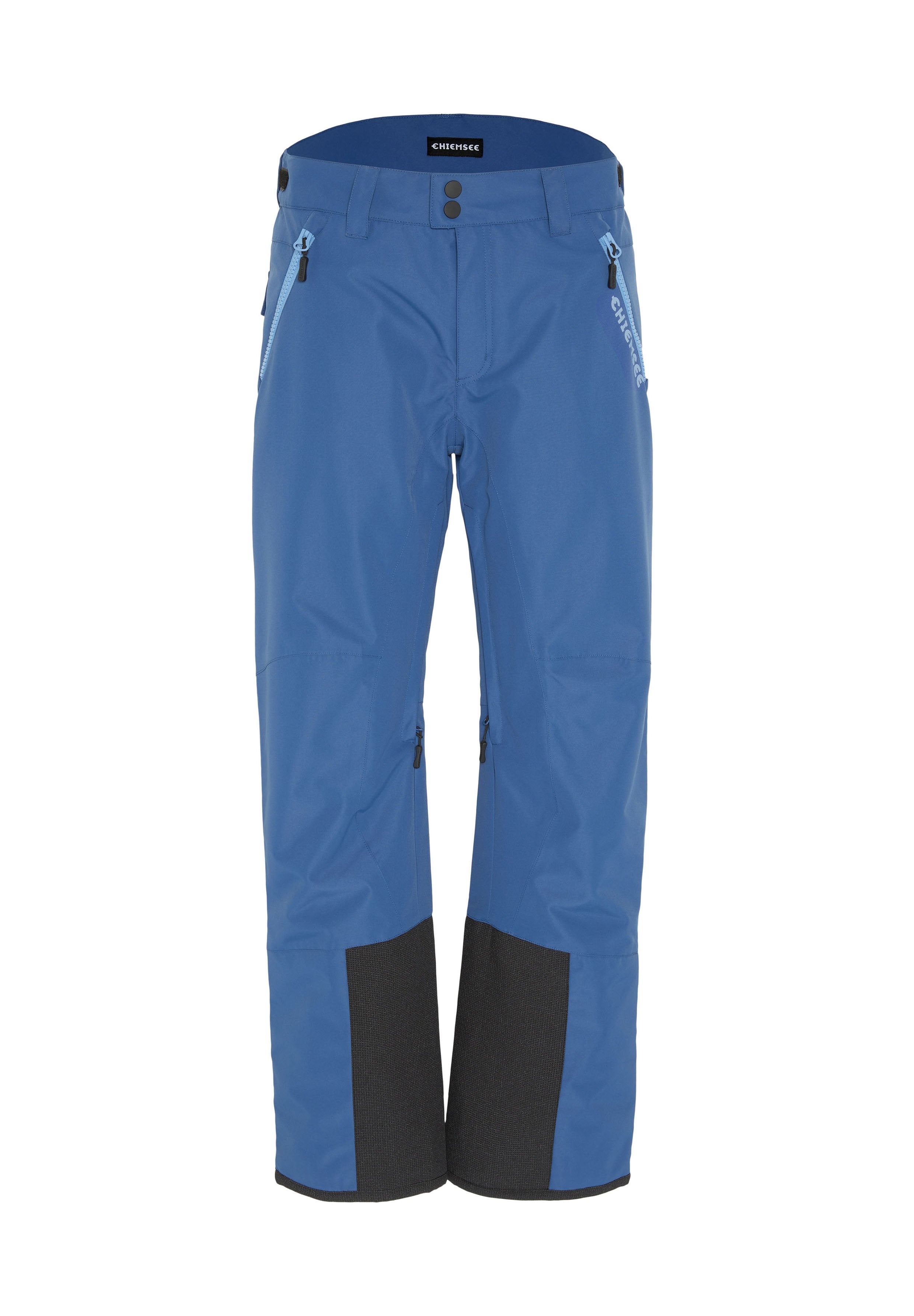 Blaue Skihose mit glattem, wasserdichtem Finish, Reißverschlusstaschen, schwarzen Akzenten an den Säumen und einem knöpfbaren Bund.