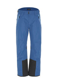 Blaue Skihose mit glattem, wasserdichtem Finish, Reißverschlusstaschen, schwarzen Akzenten an den Säumen und einem knöpfbaren Bund.