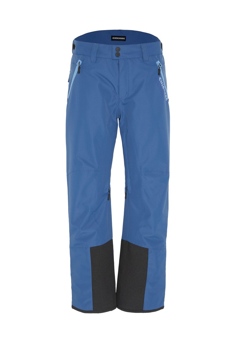 Blaue Skihose mit glattem, wasserdichtem Finish, Reißverschlusstaschen, schwarzen Akzenten an den Säumen und einem knöpfbaren Bund.