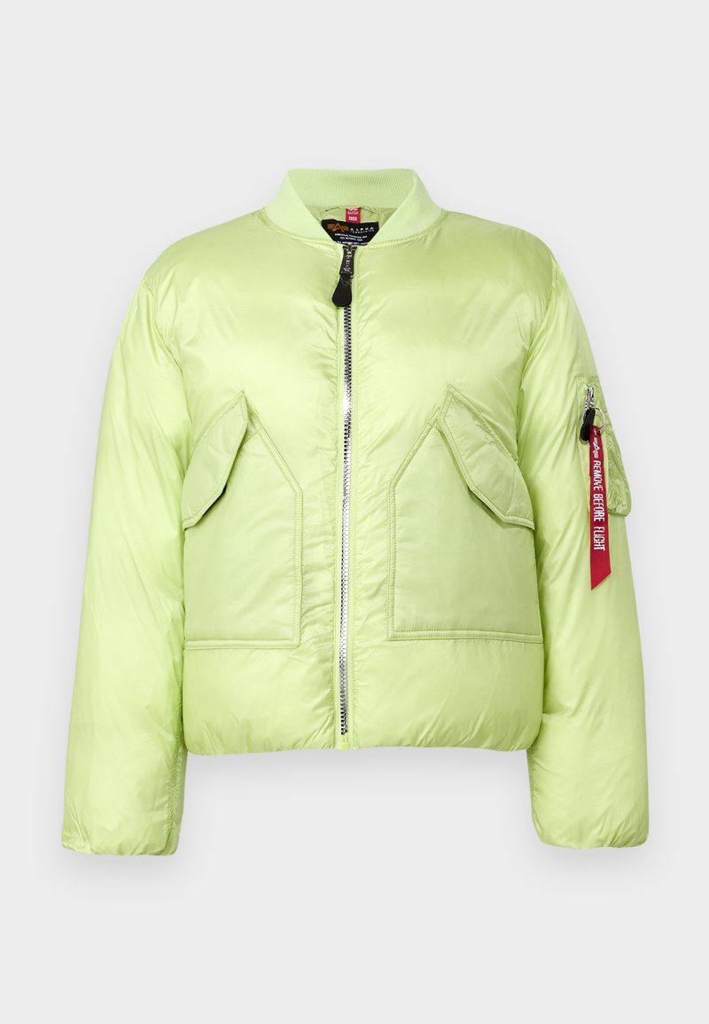 Hellgrüne gepolsterte Bomberjacke mit einem gerippten Kragen, Reißverschluss und zwei Fronttaschen. Verfügt über eine Reißverschlusstasche am Ärmel mit einem roten Etikett.