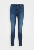 Schmale Jeans aus dunkelblauem Denim mit mittelhohem Bund, Knopfverschluss, fünf Taschen und subtilen Verblassungen entlang der Oberschenkel.