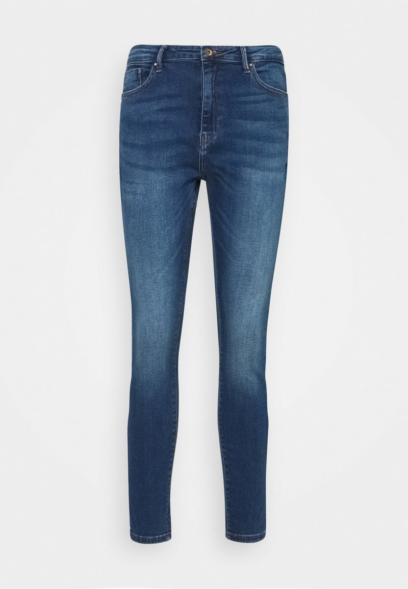 Schmale Jeans aus dunkelblauem Denim mit mittelhohem Bund, Knopfverschluss, fünf Taschen und subtilen Verblassungen entlang der Oberschenkel.