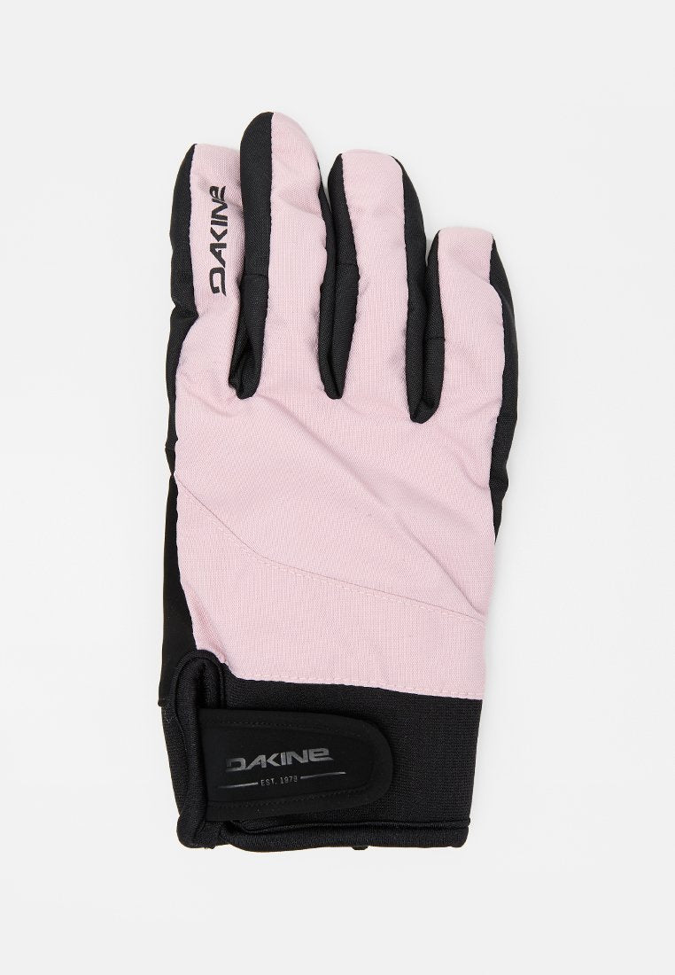 Pink und schwarzer Winterhandschuh mit strukturiertem Außenmaterial, ausgestattet mit vier Fingerfächern, elastischem Handgelenk und einem schwarzen Markenband.