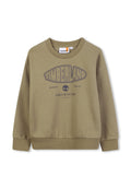 Olivgrüner Sweatshirt aus Baumwollmischung mit Rundhalsausschnitt, gerippten Bündchen und einem bedruckten "Timberland"-Logo auf der Vorderseite.