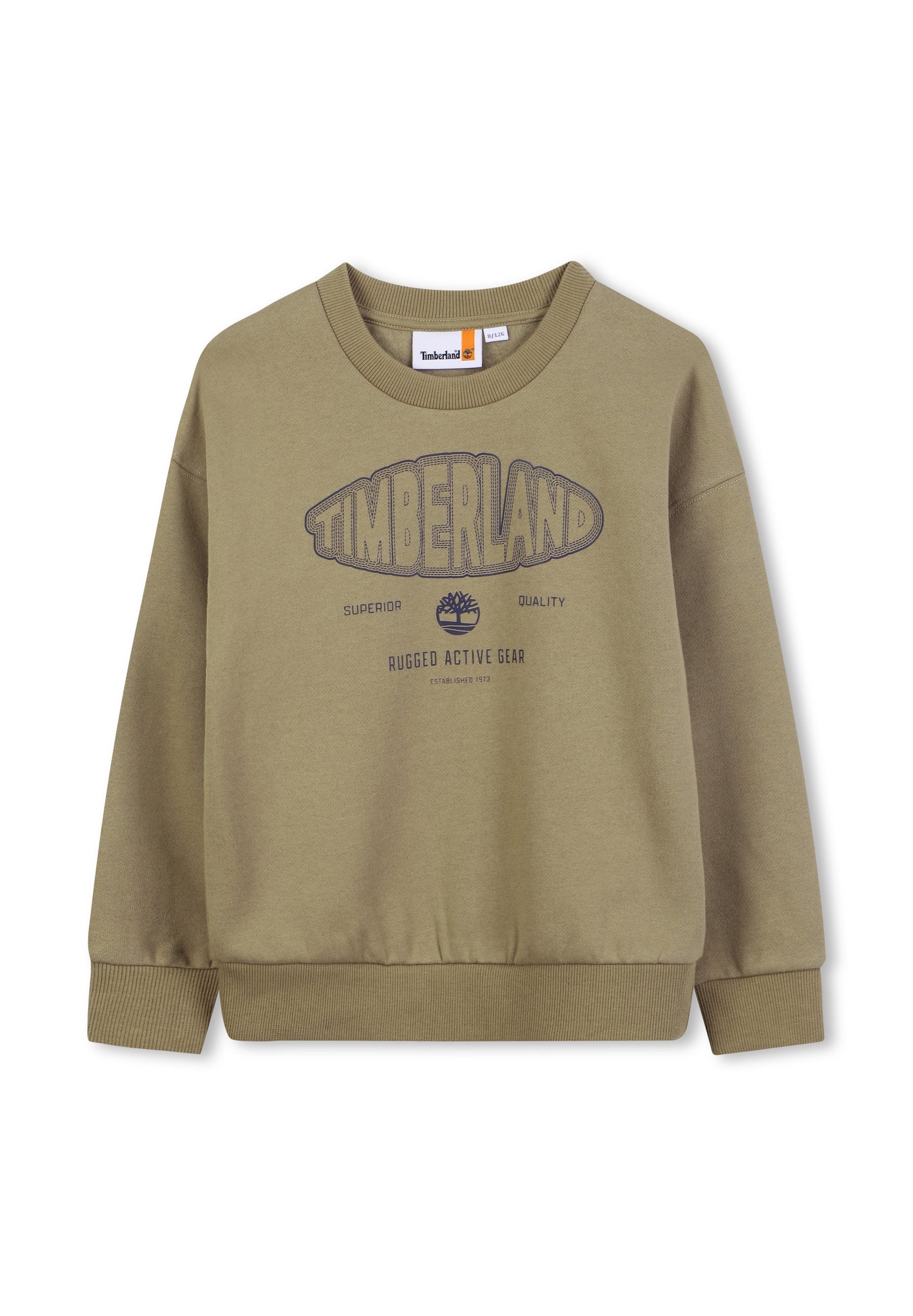 Olivgrüner Sweatshirt aus Baumwollmischung mit Rundhalsausschnitt, gerippten Bündchen und einem bedruckten "Timberland"-Logo auf der Vorderseite.