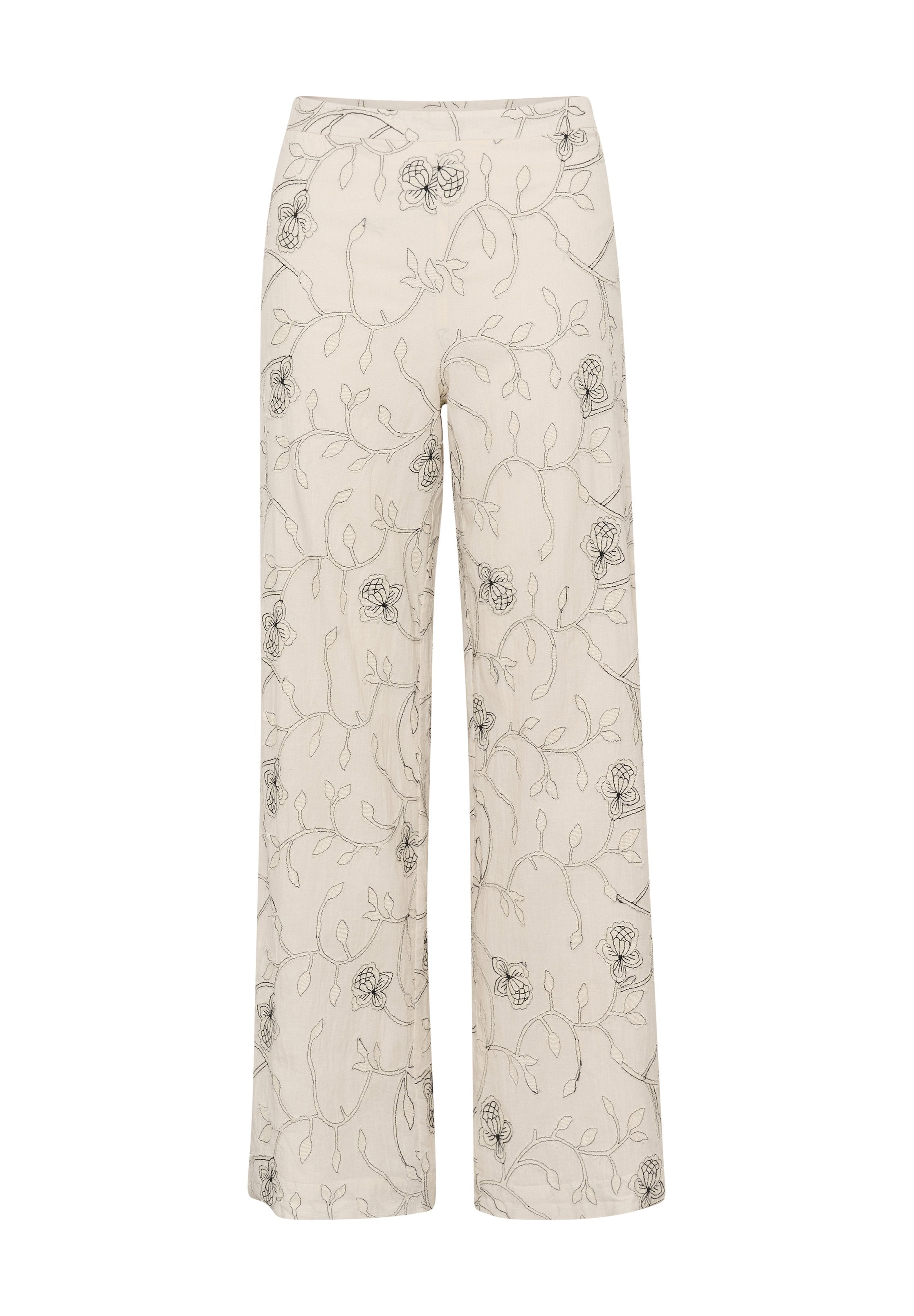 Beige Hosen mit weitem Bein und schwarzem Blumen- und Weinmuster, mit hoher Taille und lockerer Passform, auf einem weißen Hintergrund präsentiert.