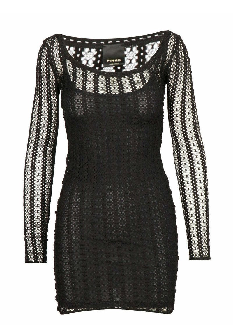 Schwarz lange Kleid aus gestrickter Spitze. Hat einen runden Halsausschnitt, eine figurbetonte Silhouette und feine Blumenmuster.