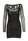 Schwarz lange Kleid aus gestrickter Spitze. Hat einen runden Halsausschnitt, eine figurbetonte Silhouette und feine Blumenmuster.