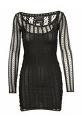Schwarz lange Kleid aus gestrickter Spitze. Hat einen runden Halsausschnitt, eine figurbetonte Silhouette und feine Blumenmuster.