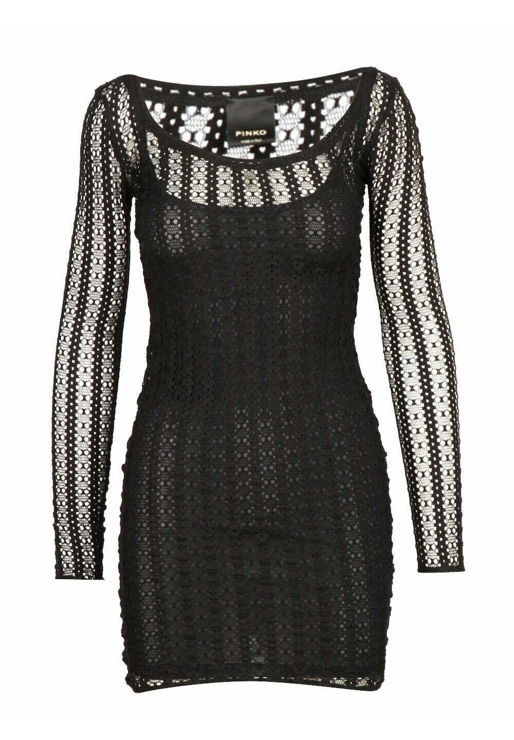 Schwarz lange Kleid aus gestrickter Spitze. Hat einen runden Halsausschnitt, eine figurbetonte Silhouette und feine Blumenmuster.