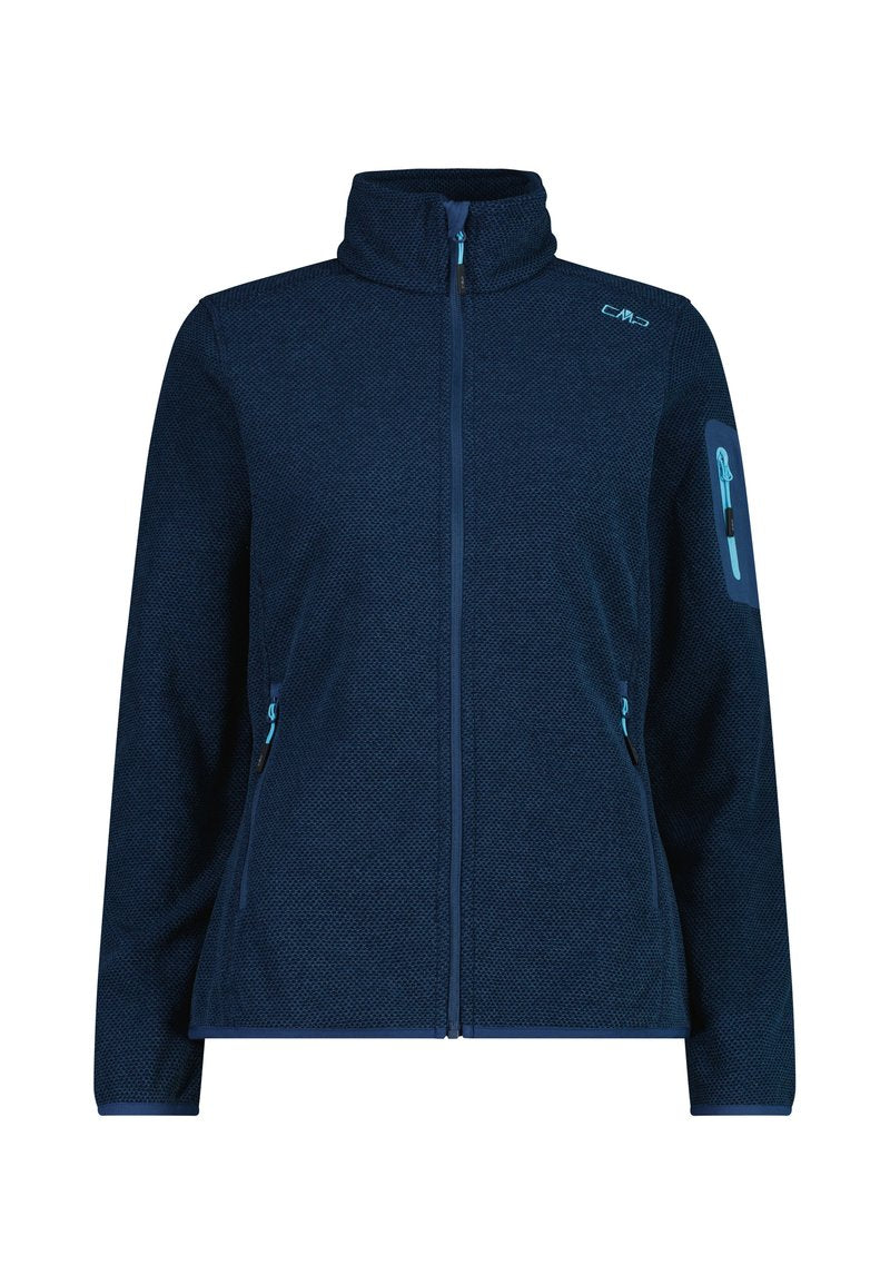 Marineblaue Fleecejacke mit durchgehendem Reißverschluss, hohem Kragen, zwei vorderen Reißverschlusstaschen und einer Reißverschlusstasche am linken Ärmel.
