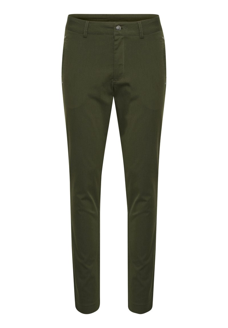 Olivgrüne Slim-Fit-Hosen aus strukturiertem Stoff, mit klassischem Knopfverschluss, Reißverschluss und zwei Fronttaschen.