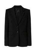 Schwarze Blazer mit strukturiertem Design, zwei Vorderknöpfen und Seitentaschen. Glattes Material mit Reverskragen und einer einzelnen Brusttasche.