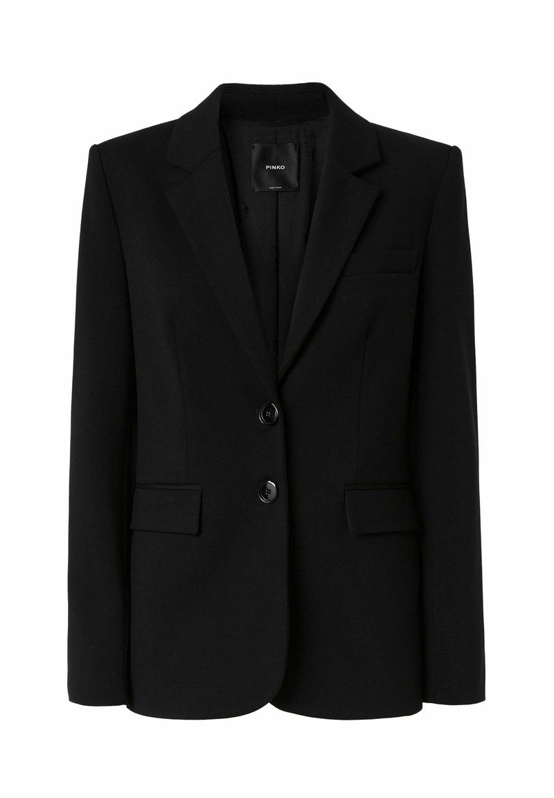Schwarze Blazer mit strukturiertem Design, zwei Vorderknöpfen und Seitentaschen. Glattes Material mit Reverskragen und einer einzelnen Brusttasche.