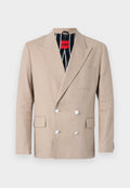 Beige doppelt-knöpfbarer Blazer aus strukturiertem Stoff, mit vier weißen Knöpfen, Reverskragen und einer einzelnen Brusttasche. Gefüttert mit gestreiftem Stoff.