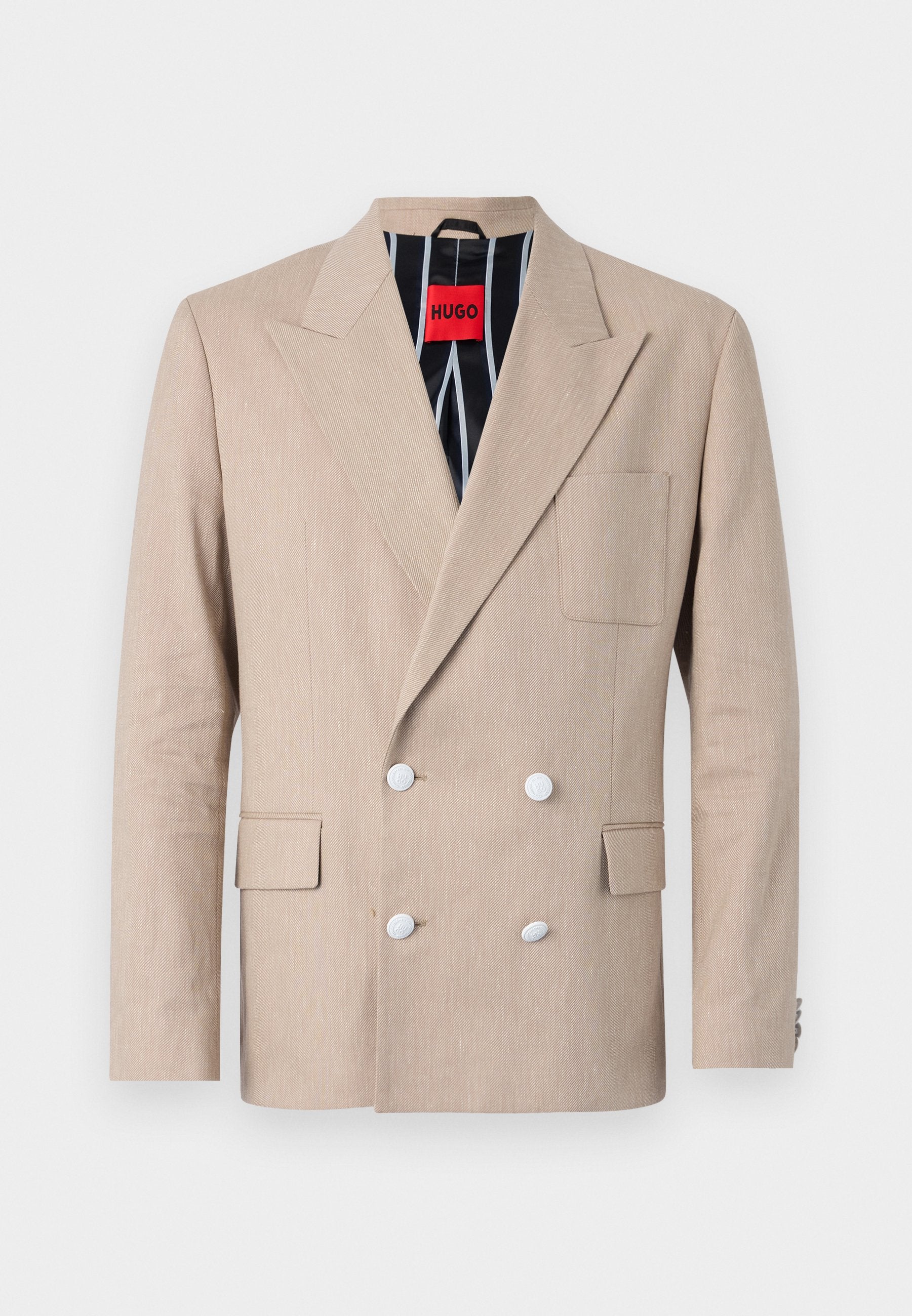 Beige doppelt-knöpfbarer Blazer aus strukturiertem Stoff, mit vier weißen Knöpfen, Reverskragen und einer einzelnen Brusttasche. Gefüttert mit gestreiftem Stoff.