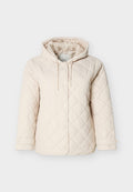 Hellbeige gesteppte Jacke mit Kapuze, ausgestattet mit Druckknöpfen, einem Kordelzug am Hals und elastischen Bündchen für einen sicheren Sitz.