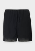 Schwarze Shorts aus strukturiertem Stoff mit einem elastischen Bund und Kordelzug, verziert mit einem zarten Spitzenbesatz am Saum.
