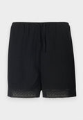 Schwarze Shorts aus strukturiertem Stoff mit einem elastischen Bund und Kordelzug, verziert mit einem zarten Spitzenbesatz am Saum.