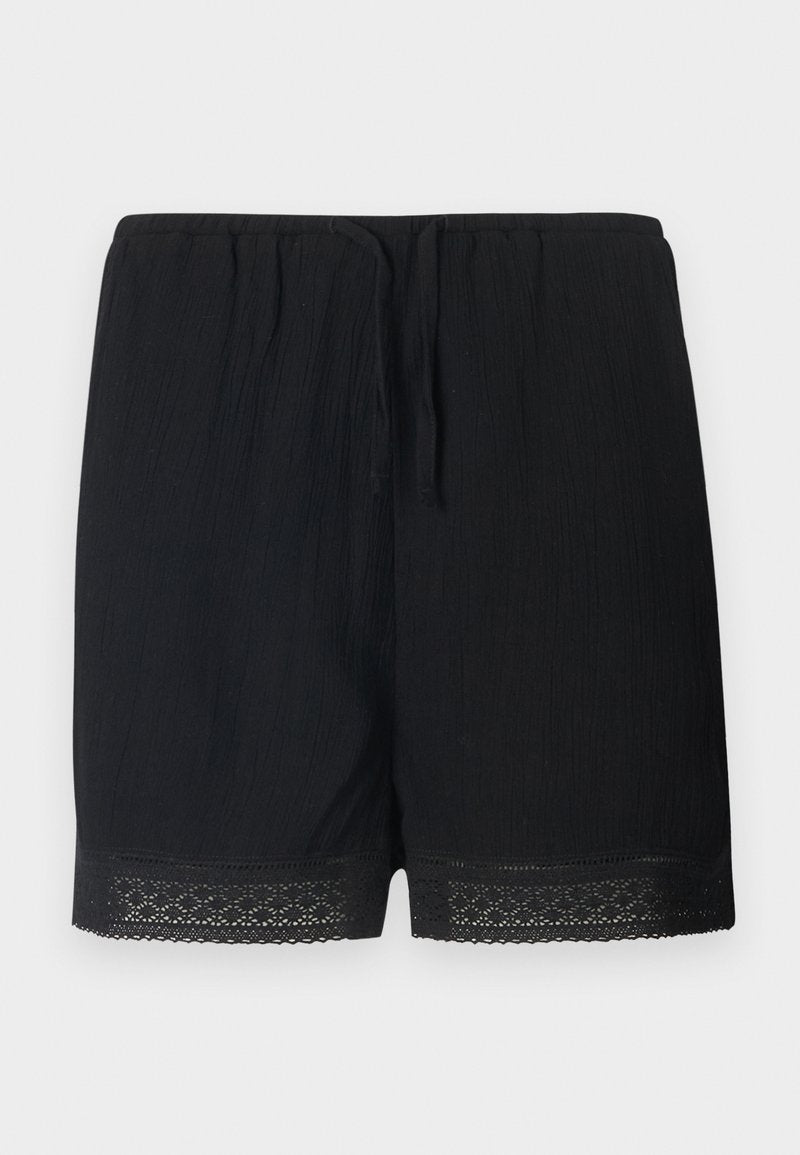 Schwarze Shorts aus strukturiertem Stoff mit einem elastischen Bund und Kordelzug, verziert mit einem zarten Spitzenbesatz am Saum.