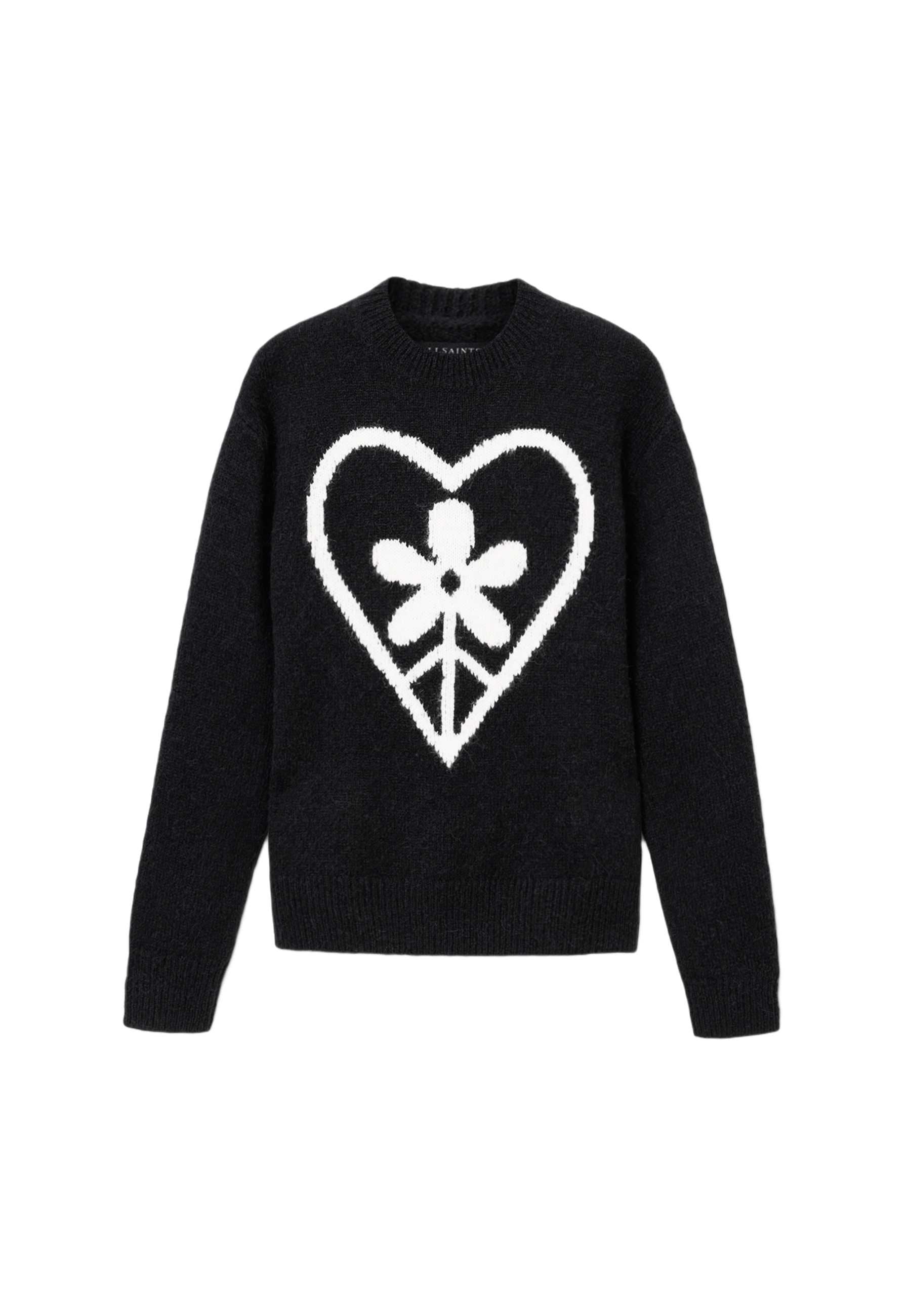 Marineblauer Pullover mit einem großen weißen Herz- und Blumenmotiv auf der Vorderseite, gefertigt aus Strickstoff mit Rundhalsausschnitt und gerippten Bündchen.