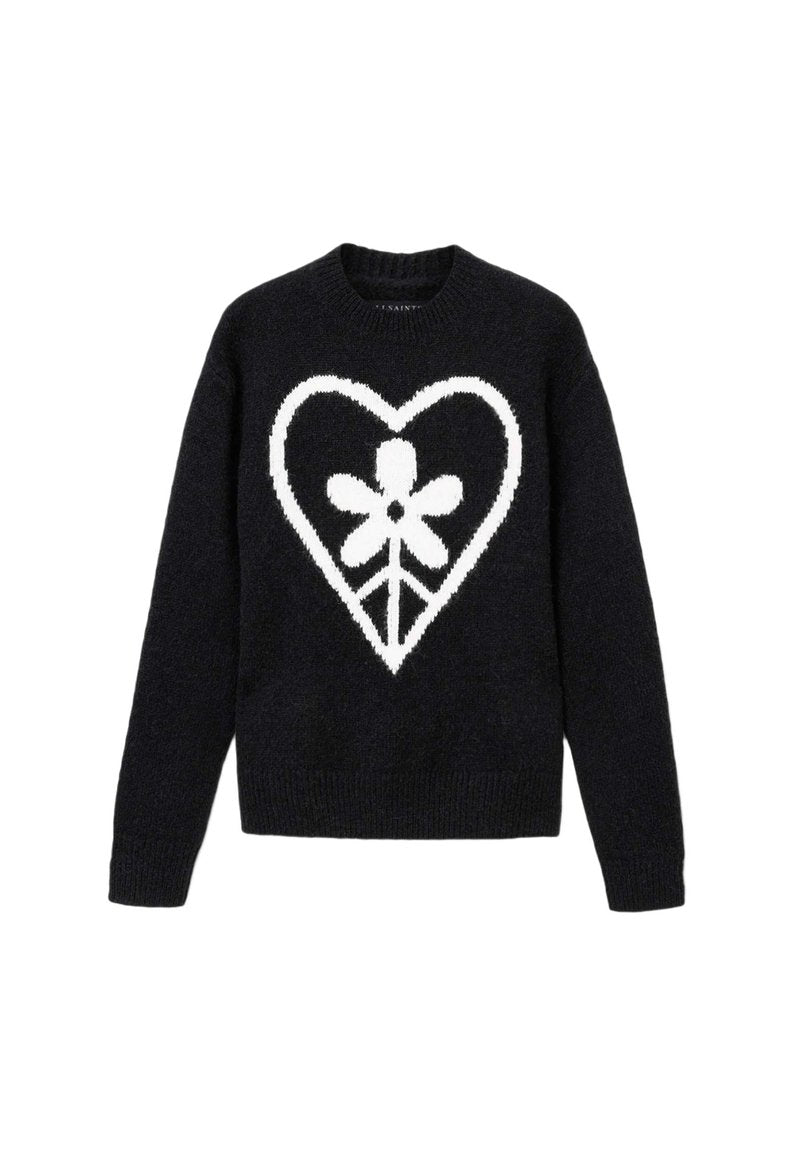 Marineblauer Pullover mit einem großen weißen Herz- und Blumenmotiv auf der Vorderseite, gefertigt aus Strickstoff mit Rundhalsausschnitt und gerippten Bündchen.