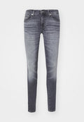 Schlanke Jeans aus dunkelgrauem Denim mit gewaschenem Finish. Verfügt über das klassische Fünf-Taschen-Design und einen Metallknopfverschluss am Bund.
