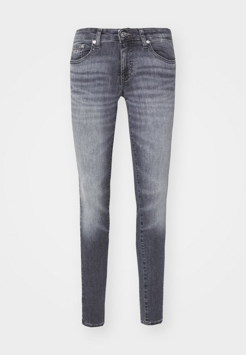 Schlanke Jeans aus dunkelgrauem Denim mit gewaschenem Finish. Verfügt über das klassische Fünf-Taschen-Design und einen Metallknopfverschluss am Bund.