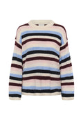 Gestreifter Pullover in mehreren Farben mit horizontalen Streifen in Creme, blassrosa, Blau, Burgunderrot und Schwarz. Warmes Strickmaterial mit gerippten Bündchen.