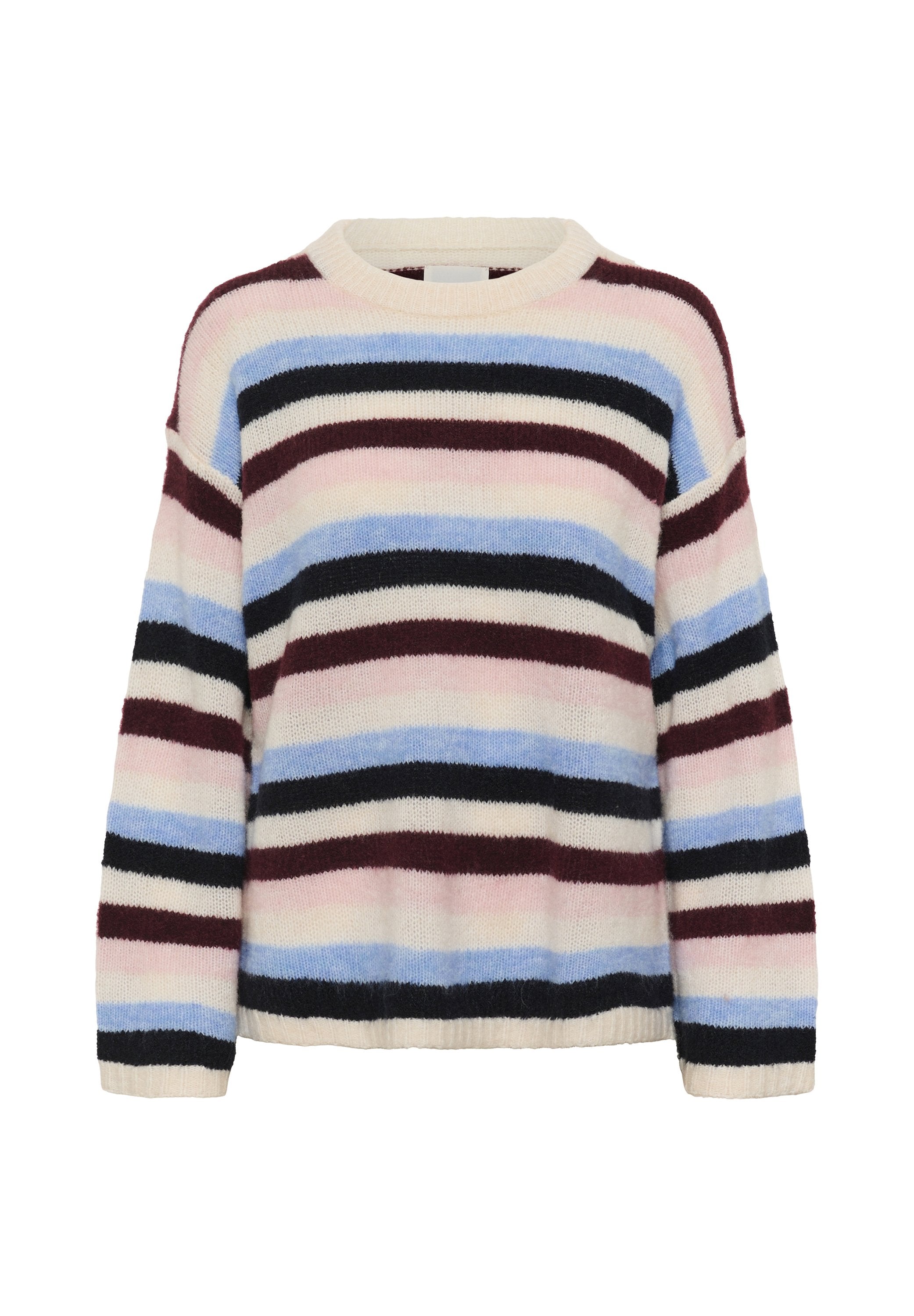 Gestreifter Pullover in mehreren Farben mit horizontalen Streifen in Creme, blassrosa, Blau, Burgunderrot und Schwarz. Warmes Strickmaterial mit gerippten Bündchen.