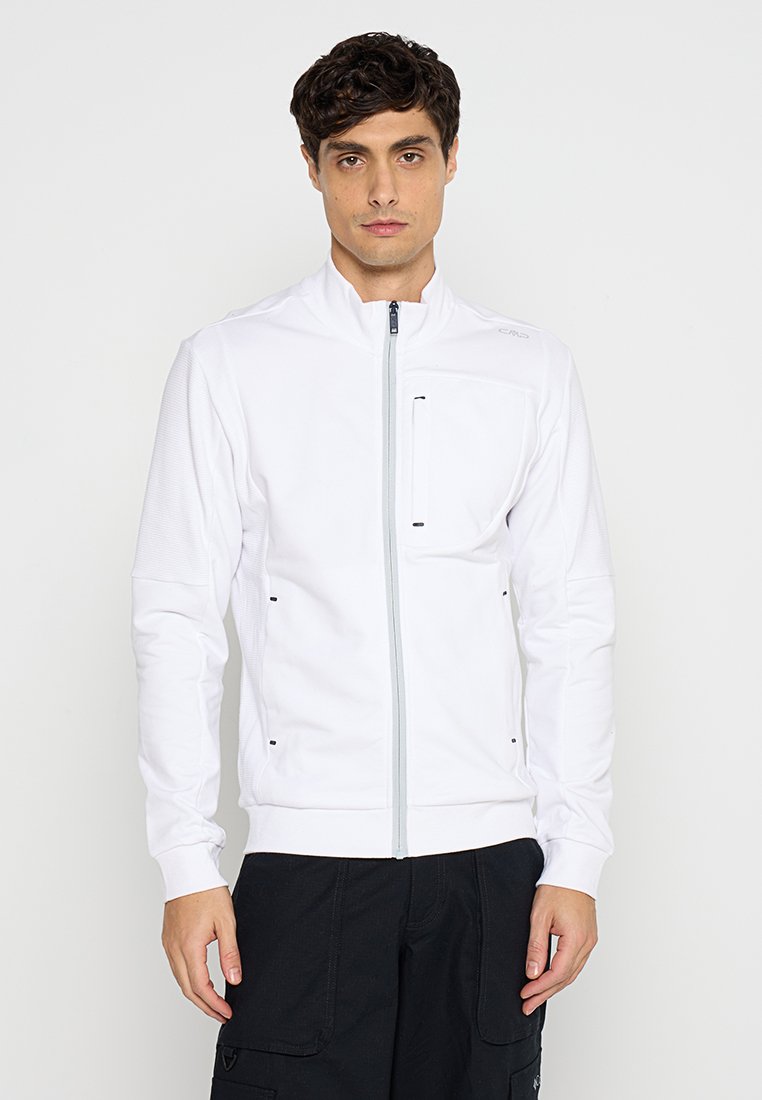 Weiße Zip-Jacke mit hohem Kragen, schlanker Passform und feinen texturierten Details. Verfügt über eine Brusttasche und einen kontrastierenden Reißverschluss.