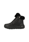 Schwarze Stiefel im High-Top-Stil aus strukturiertem Leder, mit einem Kunstfellbesatz, Schnürverschluss vorne, seitlichem Reißverschluss und einer klobigen Gummi-Sohle.
