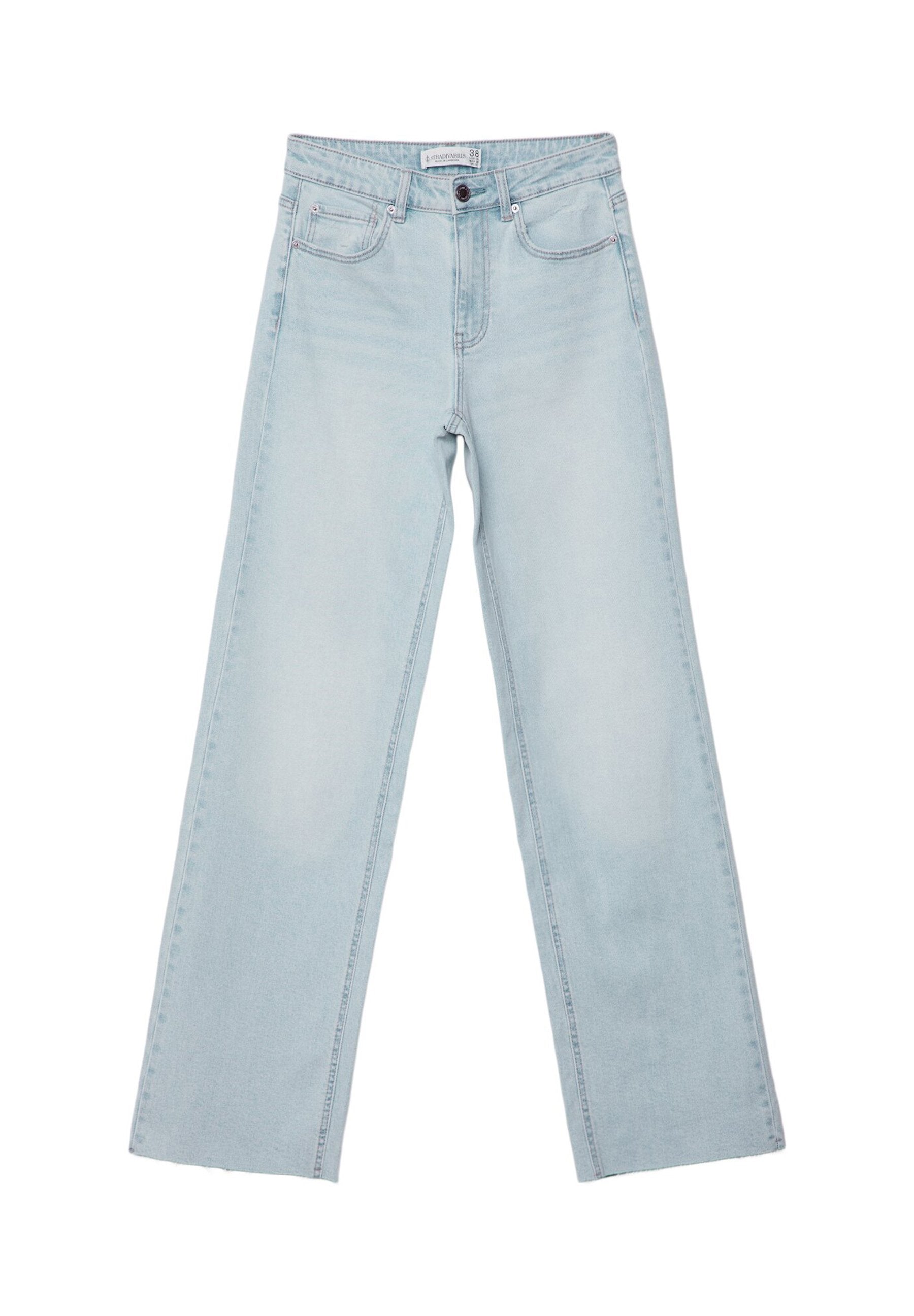 Hellblaue weit geschnittene Jeans aus Denim. Verfügt über fünf Taschen, einen Knopfverschluss und ausgeblichene Details. Klassischer gerader Schnitt mit lockerer Passform.