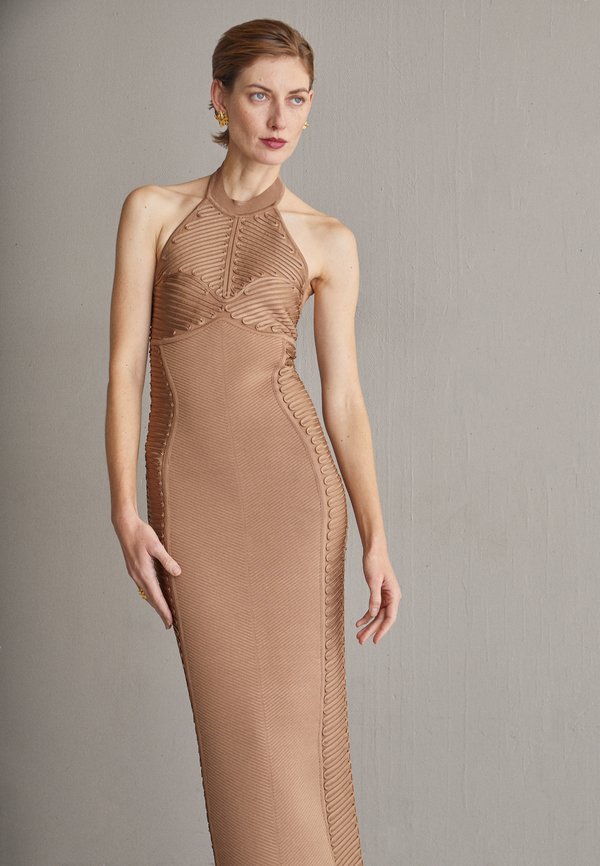 Hervé Léger LAW ROACH RIBBON EMBROIDERED HALTER GOWN