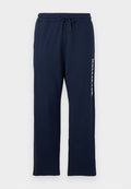Marineblaue Sweatpants mit elastischem Bund und Kordelzug, geraden Beinen und "Hollister" senkrecht auf der rechten Seite aufgedruckt.
